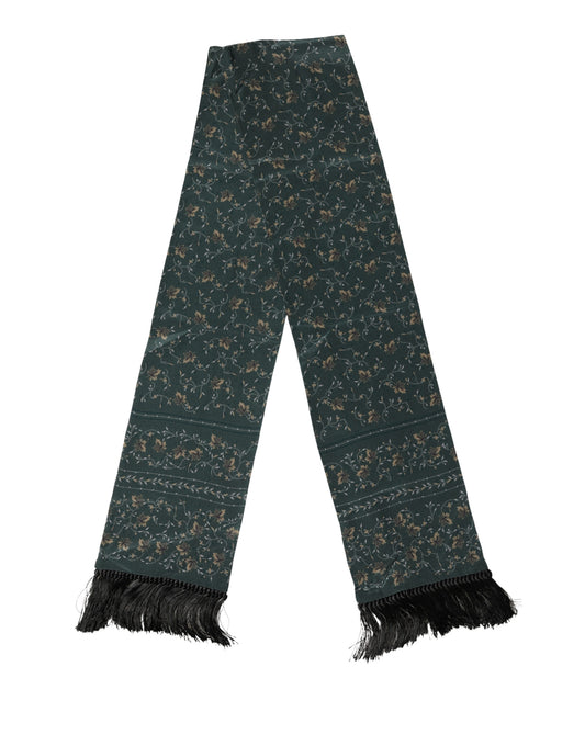 Dolce & Gabbana Green Silk Floral Pattern Fringed 135cm X 16cm Scarf Curated Luxury Accessories by Orvyn