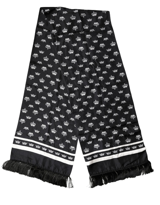 Dolce & Gabbana Black Silk Crown Fringe Neck Wrap 173cm x 32.5cm Scarf Curated Luxury Accessories by Orvyn