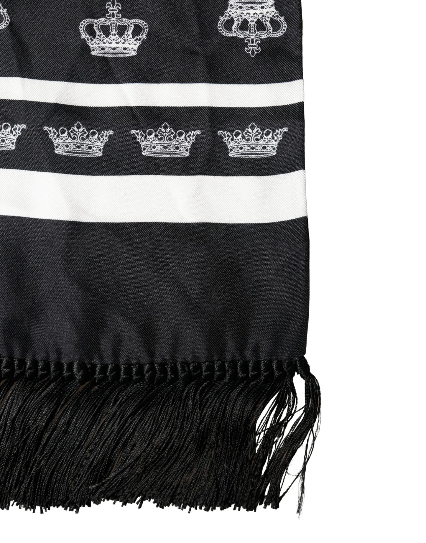 Dolce & Gabbana Black Silk Crown Fringe Neck Wrap 173cm x 32.5cm Scarf Curated Luxury Accessories by Orvyn