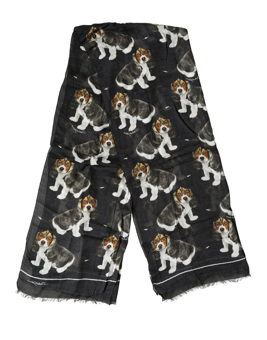 Dolce & Gabbana Black Dog Print Modal Wool Wrap Foulard 178cm X 63cm Scarf Curated Luxury Accessories by Orvyn