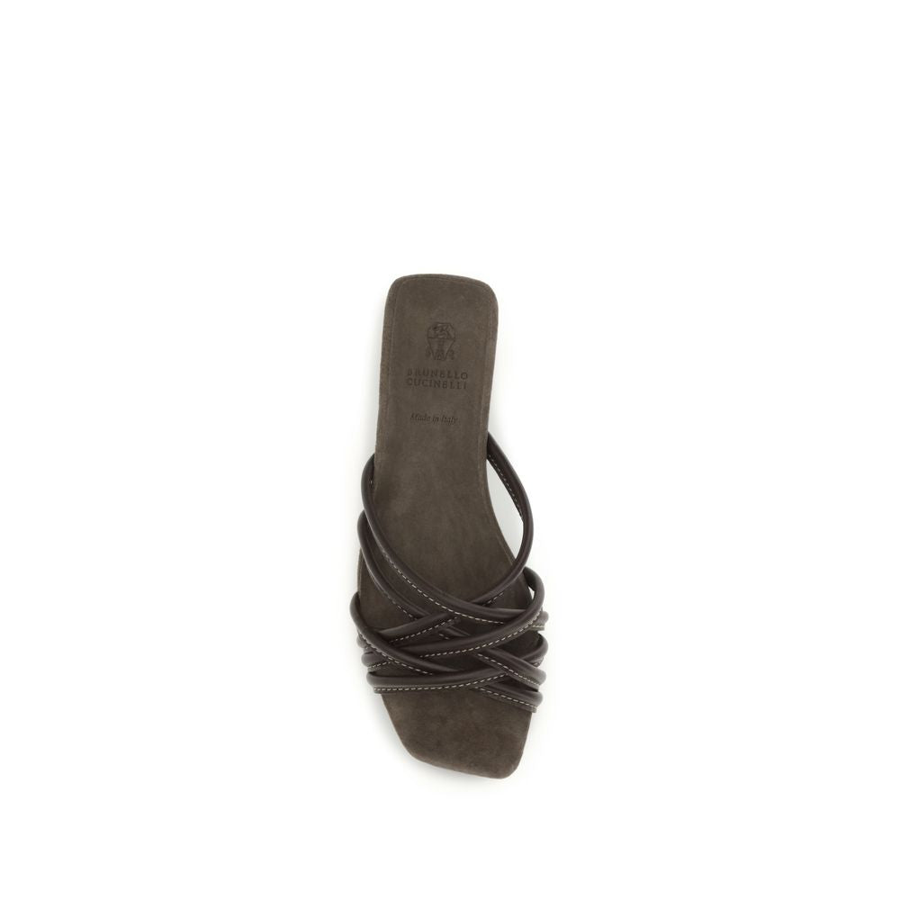 Brunello Cucinelli Brown Calf Leather Bos Taurus Flat Sandals Curated Luxury Accessories by Orvyn