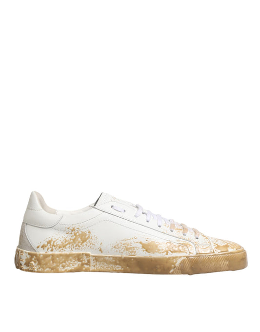 Dolce & Gabbana White Leather Paint Effect Low Top Sneakers Shoes Curated Luxury Accessories by Orvyn