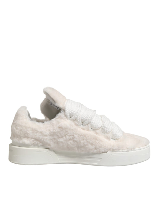 Dolce & Gabbana White Shearling Fur Bianco Low Top Sneakers Shoes Curated Luxury Accessories by Orvyn