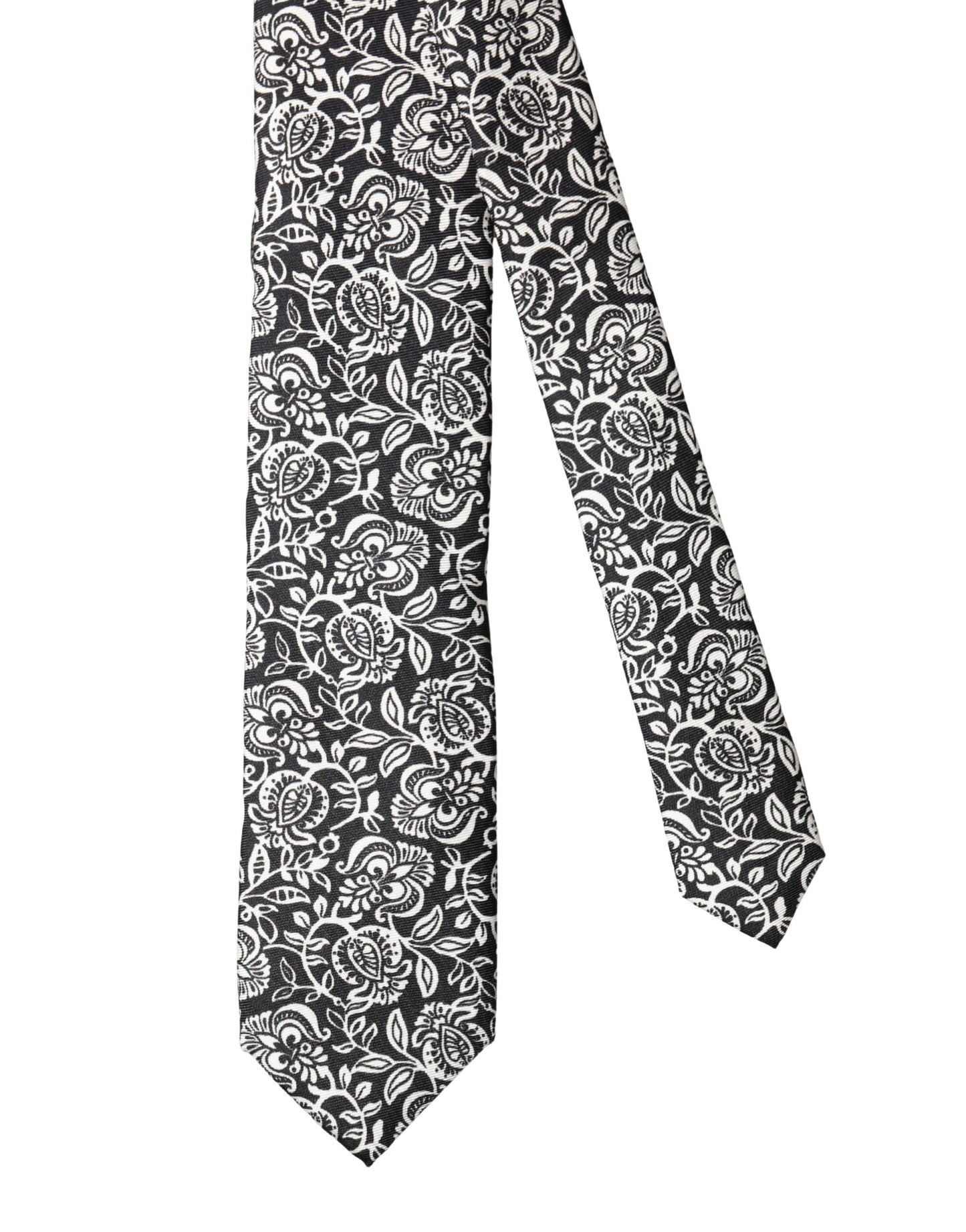 Dolce & Gabbana Black White Floral Fantasy Silk Adjustable Necktie Tie Curated Luxury Accessories by Orvyn