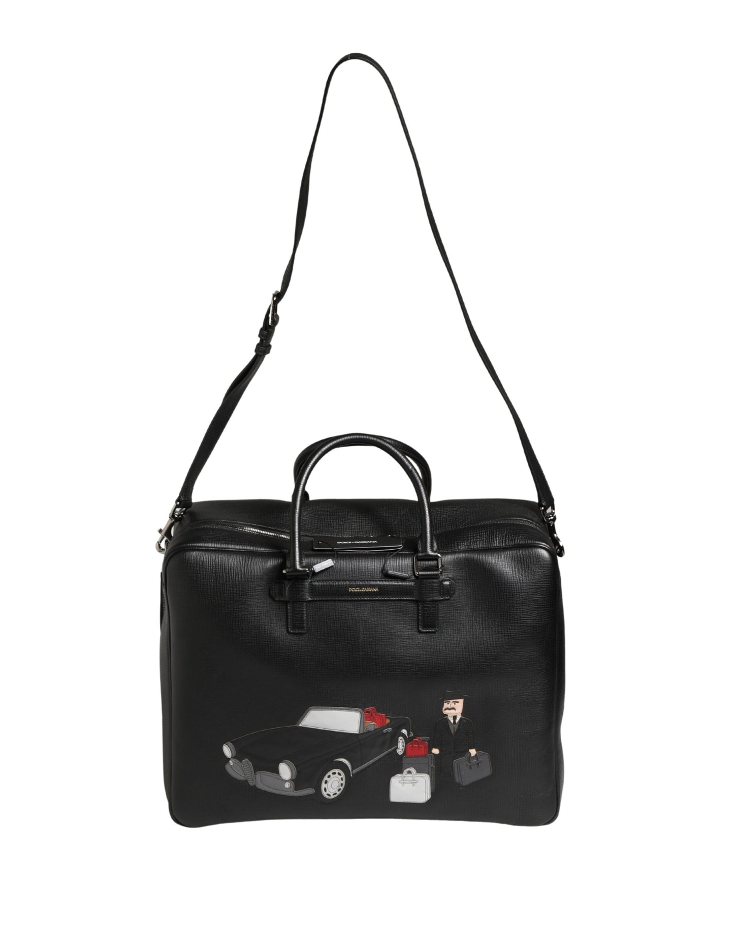 Dolce & Gabbana Black Car Man Applique Leather Weekender Borse Bag Curated Luxury Accessories by Orvyn
