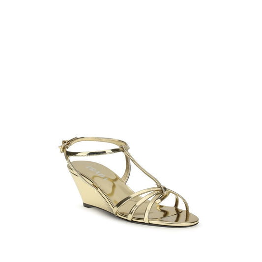 Prada Gold Calf Leather Bos Taurus Wedge Sandals Curated Luxury Accessories by Orvyn