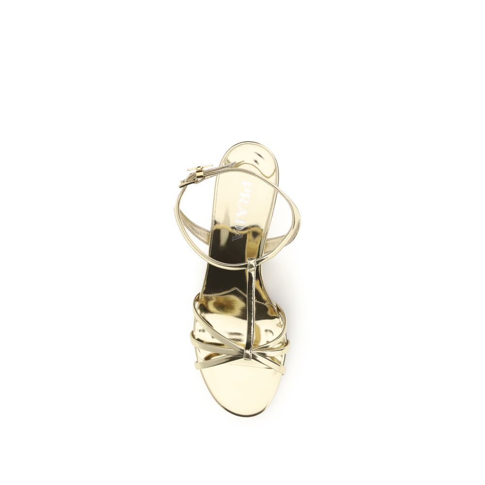 Prada Gold Calf Leather Bos Taurus Wedge Sandals Curated Luxury Accessories by Orvyn