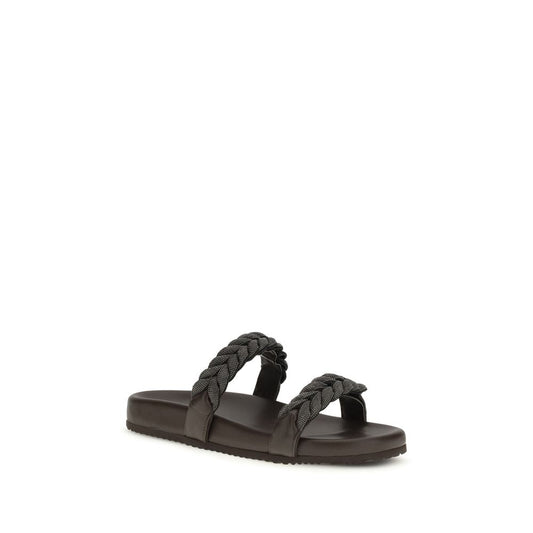 Brunello Cucinelli Brown Calf Leather Bos Taurus Flat Sandals Curated Luxury Accessories by Orvyn