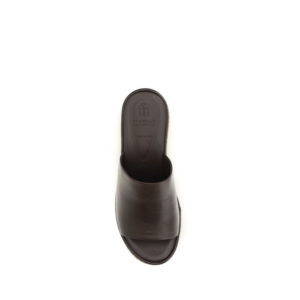 Brunello Cucinelli Brown Calf Leather Bos Taurus Platform Sandals Curated Luxury Accessories by Orvyn