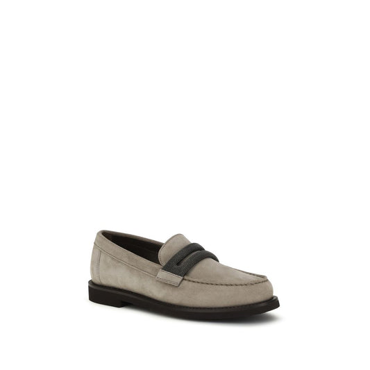Brunello Cucinelli Gray Calf Leather Bos Taurus Slip-On Loafers Curated Luxury Accessories by Orvyn