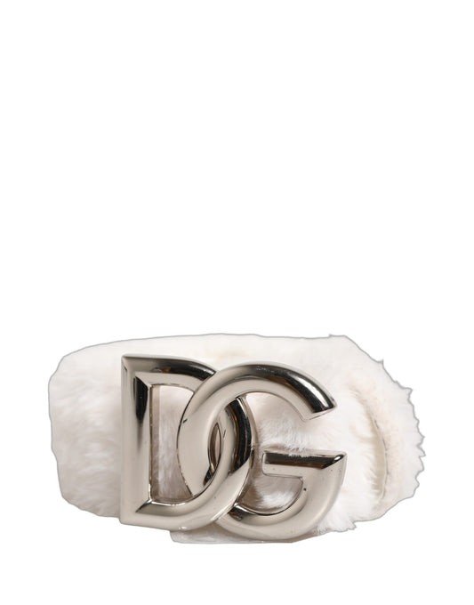 Dolce & Gabbana White Fleece Silver DG Logo Metal Buckle Belt Curated Luxury Accessories by Orvyn