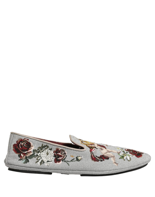 Dolce & Gabbana Gray Crown Rose Angel Embroidery Loafer Shoes Curated Luxury Accessories by Orvyn