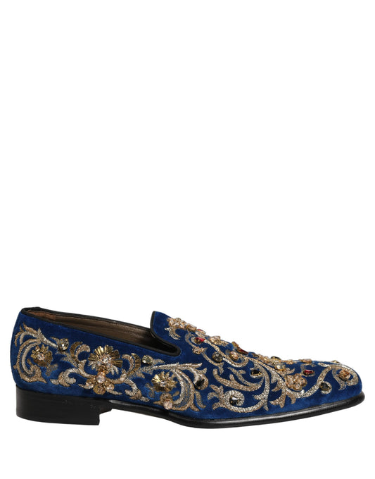Dolce & Gabbana Blue Velvet Embellished Dress Loafers Shoes Curated Luxury Accessories by Orvyn