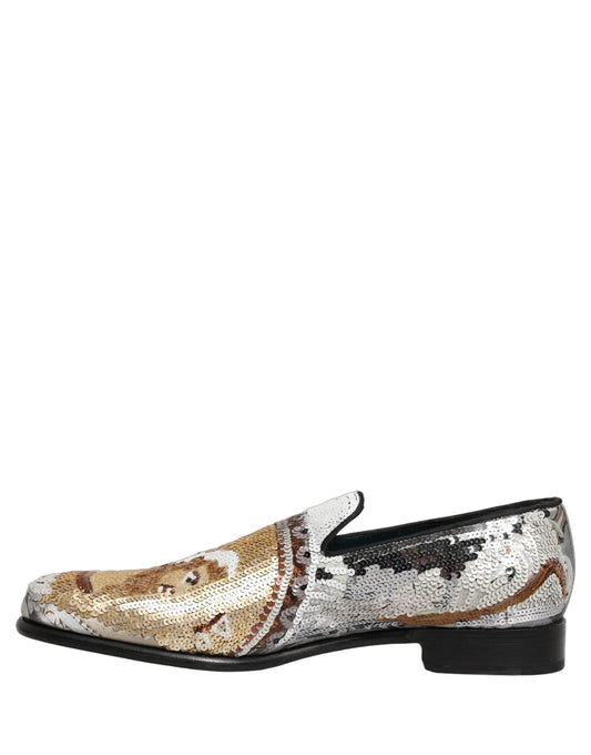 Dolce & Gabbana White Gold Sequined Slip On Loafers Shoes weiss