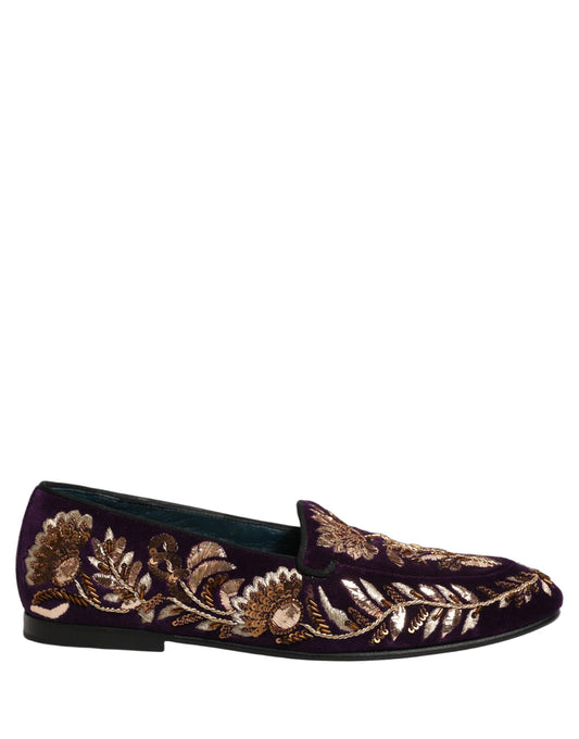 Dolce & Gabbana Violet Velvet Floral Embroidery Loafers Shoes lila