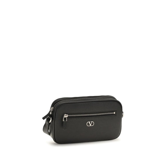 Valentino Garavani Black Grained Leather Crossbody Bag With Zip Shoulder schwarz