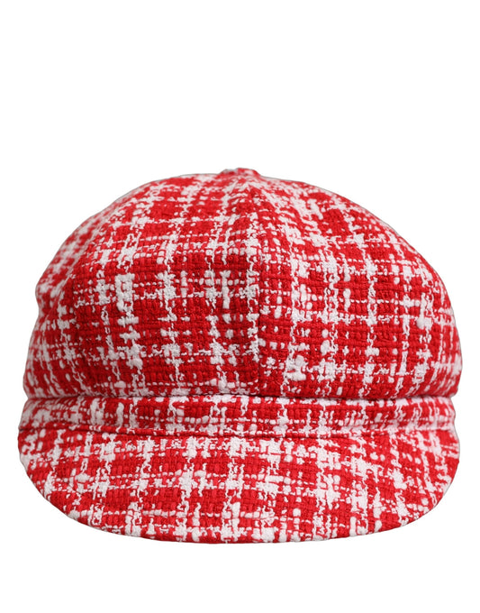 Dolce & Gabbana Red White Tweed Textured Baker Boy Capello Hat weiss