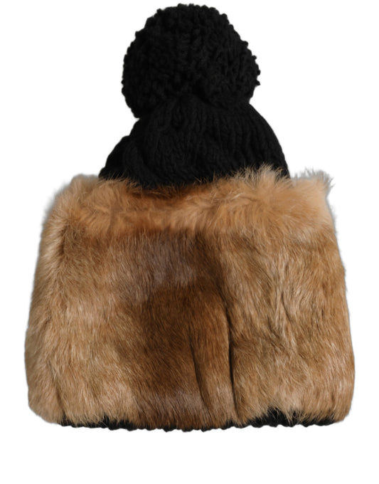 Dolce & Gabbana Black Brown Dyed Rabbit Real Fur Winter Beanie Hat schwarz