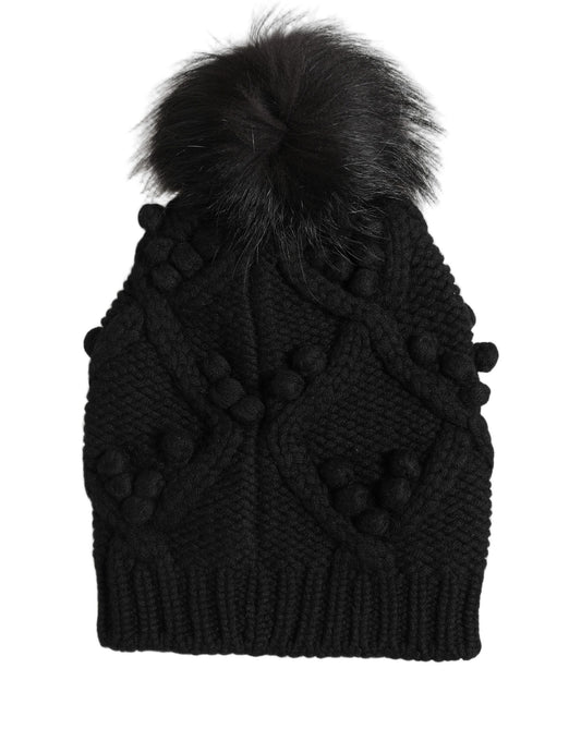 Dolce & Gabbana Black Cashmere Knitted Fur Pom-Pom Beanie One Size Hat schwarz