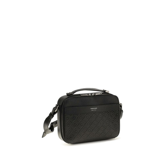 Ferragamo Black Leather Crossbody Bag With Embossed Gancini Pattern Mini Shoulder schwarz