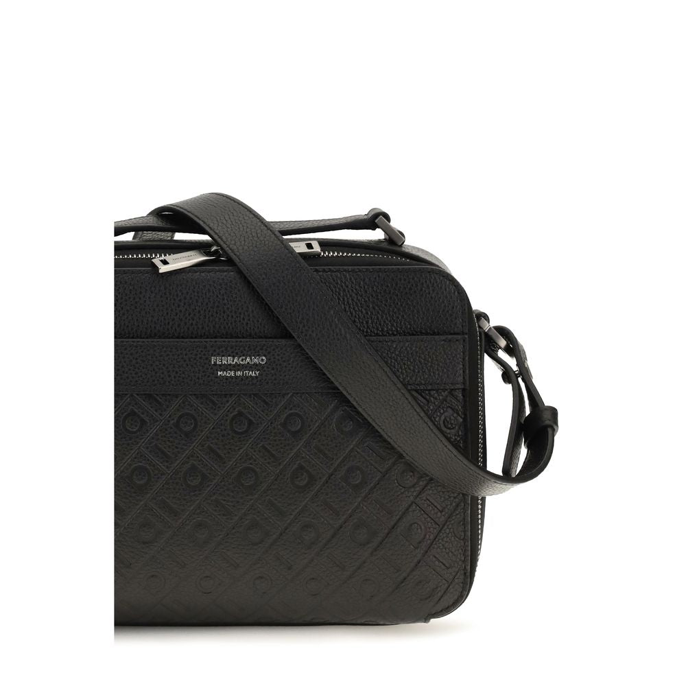 Ferragamo Black Leather Crossbody Bag With Embossed Gancini Pattern Mini Shoulder schwarz