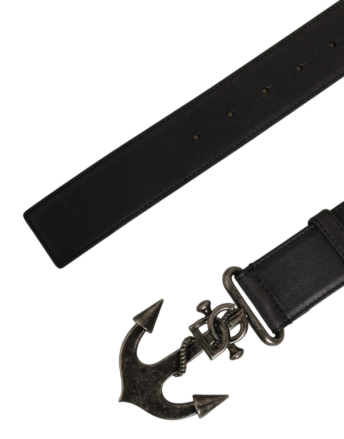 Dolce & Gabbana Black Leather Anchor Logo Metal Buckle Belt schwarz