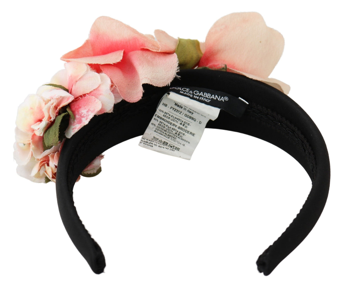 Dolce & Gabbana Pink Silk Black Floral Headband Logo Diadem Curated Luxury Accessories by Orvyn