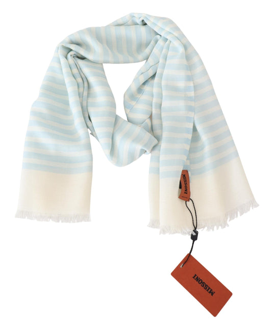 Missoni Blue White Lined Cashmere Unisex Wrap Scarf Curated Luxury Accessories by Orvyn