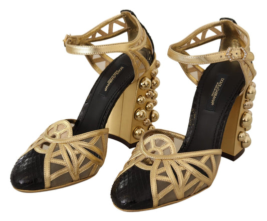 Dolce & Gabbana Black Gold Leather Studded Ankle Straps Shoes schwarz