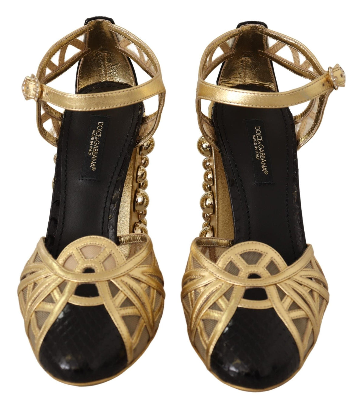 Dolce & Gabbana Black Gold Leather Studded Ankle Straps Shoes schwarz