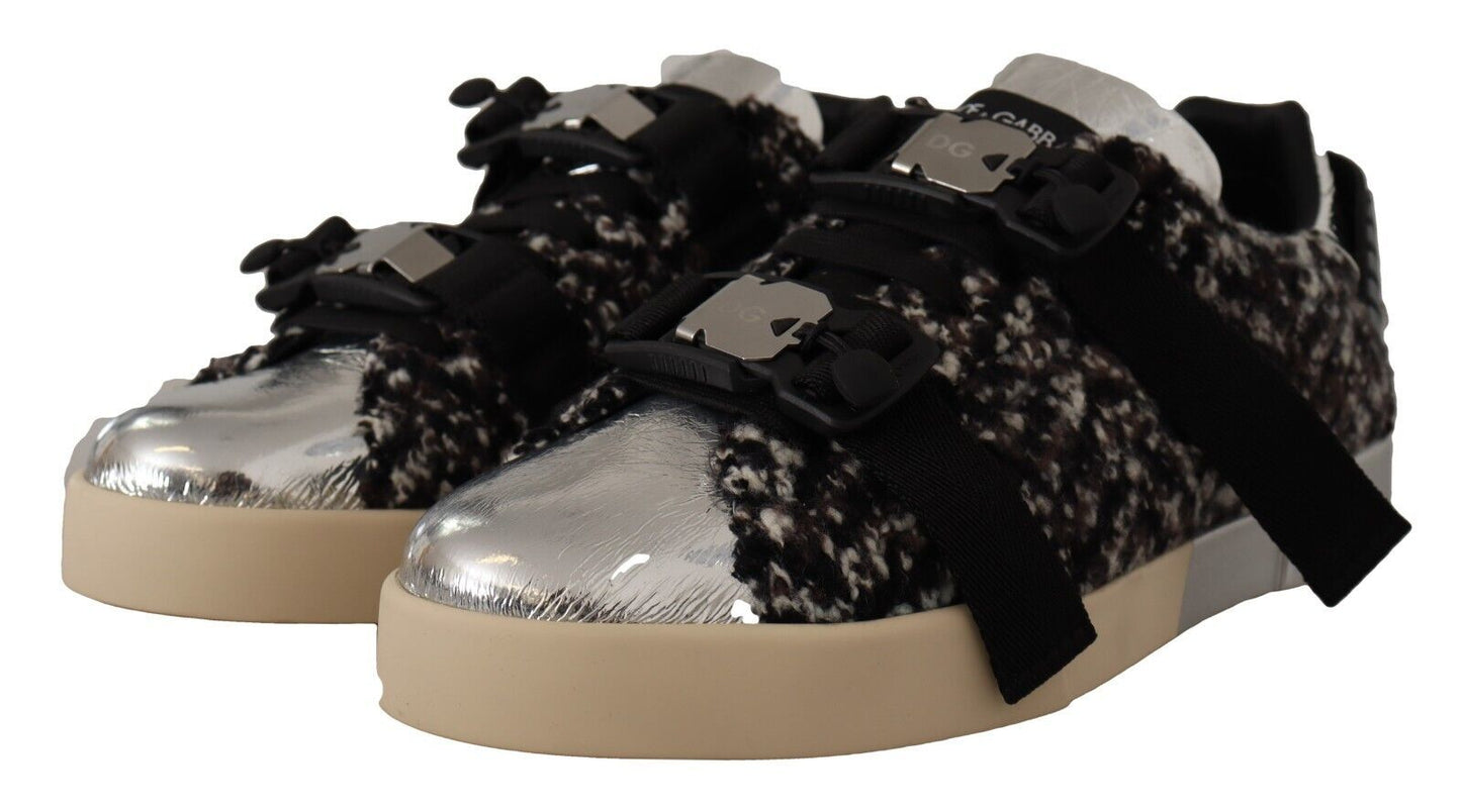 Dolce & Gabbana Silver Leather Brown Cotton Wool Sneakers Shoes Curated Luxury Accessories by Orvyn