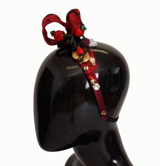 Dolce & Gabbana Cherry Silk Crystal Bow Logo Diadem Tiara Headband Curated Luxury Accessories by Orvyn