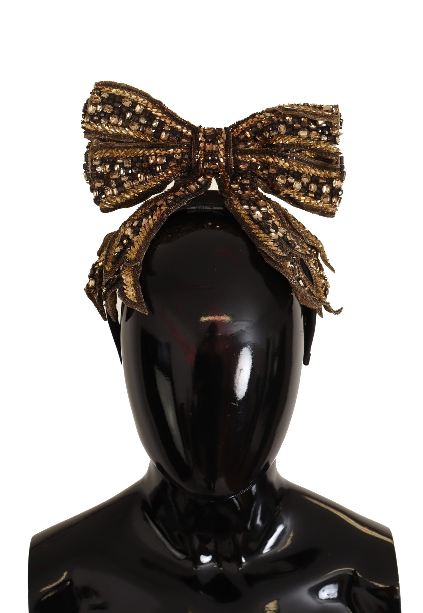 Dolce & Gabbana Gold Crystal Beaded Sequined Silk Bow Headband Diadem Curated Luxury Accessories by Orvyn
