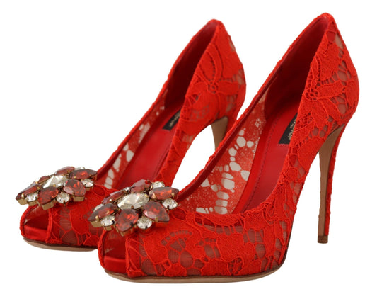 Dolce & Gabbana Red Taormina Lace Crystal Heels Pumps rot