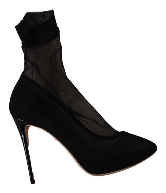 Dolce & Gabbana Black Stretch Tulle Boots Shoes schwarz