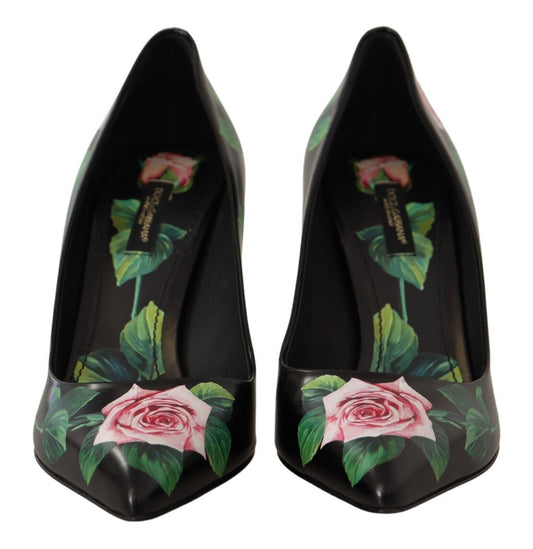 Dolce & Gabbana Black Leather Roses High Heels Pumps Shoes schwarz