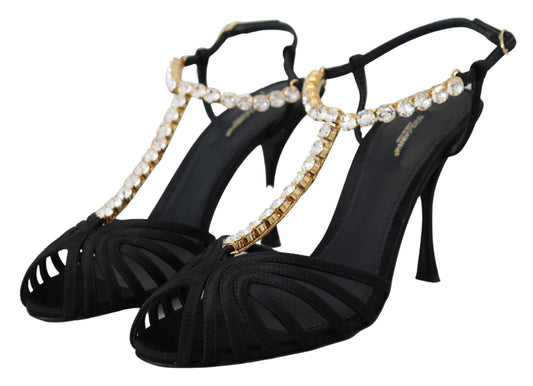 Dolce & Gabbana Black Satin Clear Crystal T-strap Sandal Shoes Curated Luxury Accessories by Orvyn