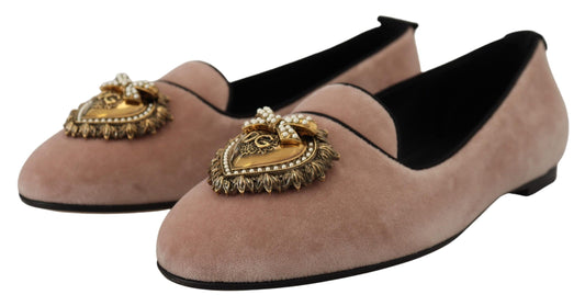 Dolce & Gabbana Pink Velvet Slip Ons Loafers Flats Shoes rosa