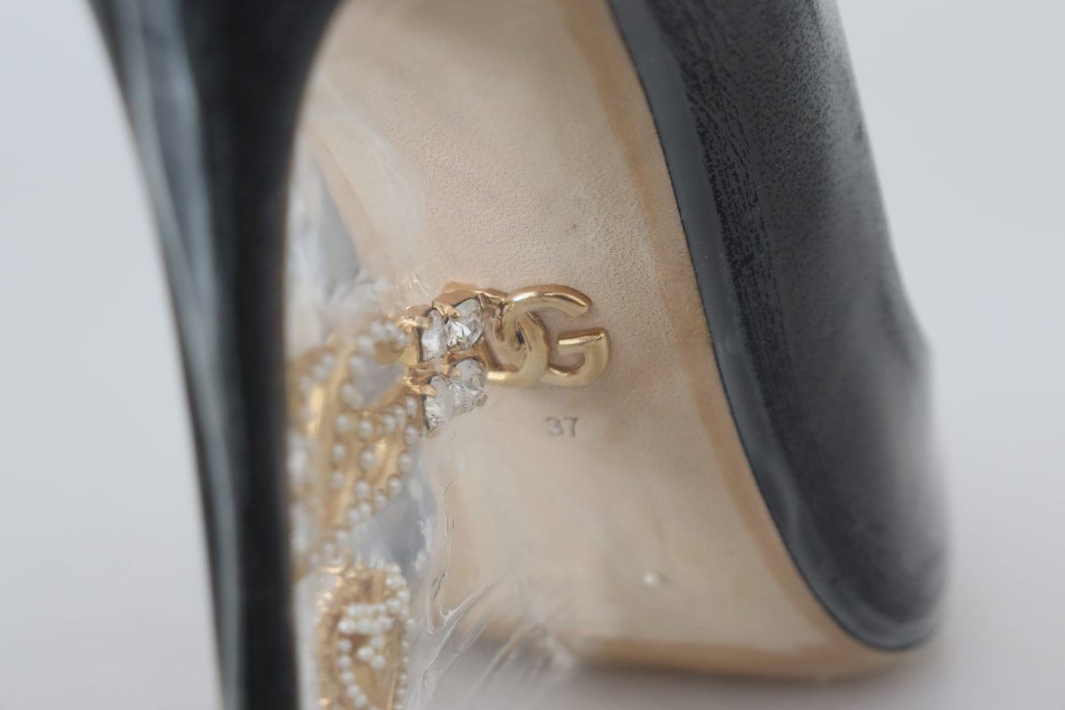 Dolce & Gabbana Black Leather Heels Pumps Plastic Wrapped Shoes schwarz