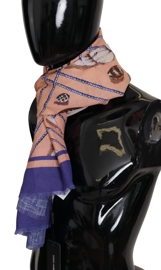 Dolce & Gabbana Blue Linen Seashell Pattern Mens Wrap Shawl Scarf Curated Luxury Accessories by Orvyn