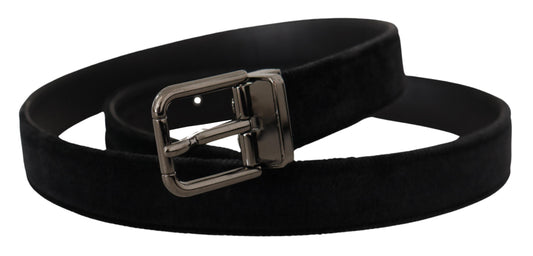 Dolce & Gabbana Black Velvet Silver Tone Logo Metal Buckle Belt schwarz