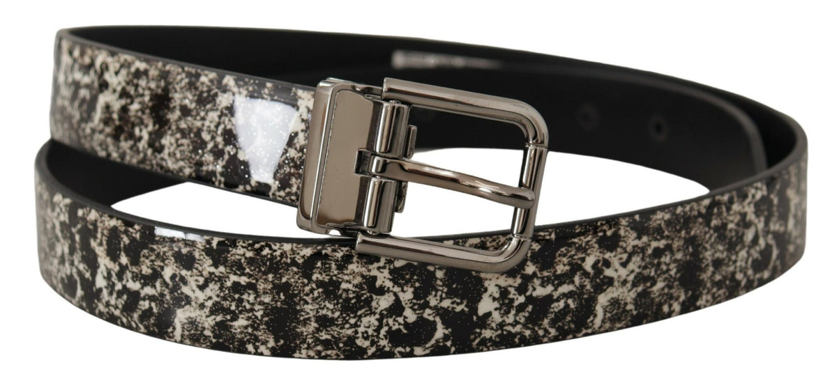 Dolce & Gabbana Black Marble Print Leather Silver Logo Buckle Belt schwarz