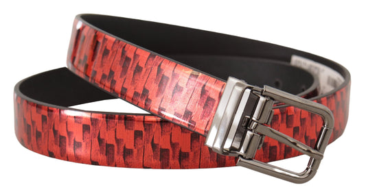 Dolce & Gabbana Red Herringbone Leather Gray Tone Buckle Belt grau