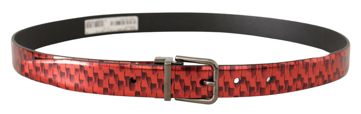 Dolce & Gabbana Red Herringbone Leather Gray Tone Buckle Belt grau