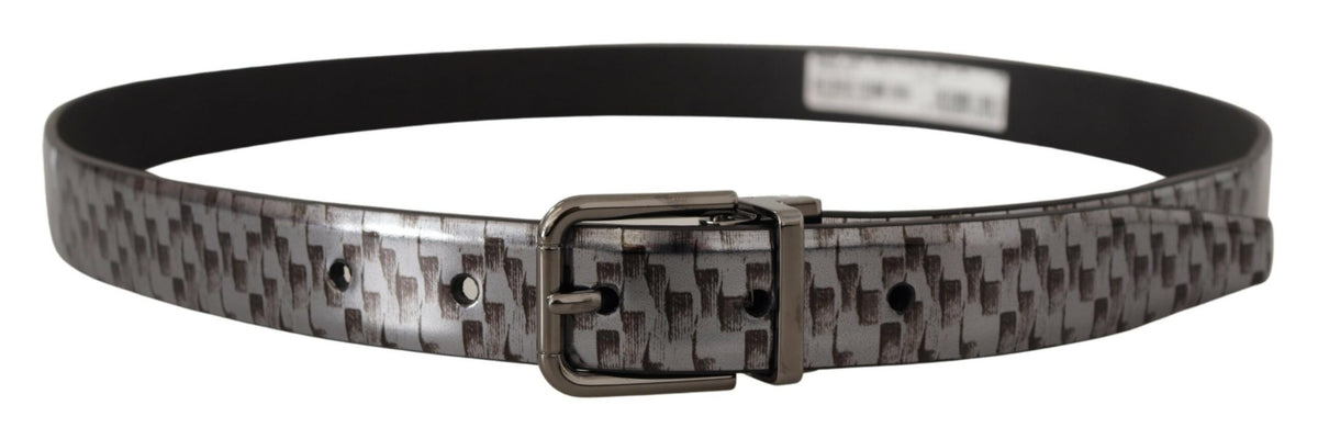 Dolce & Gabbana Gray Herringbone Leather 3D Metal Buckle Belt grau