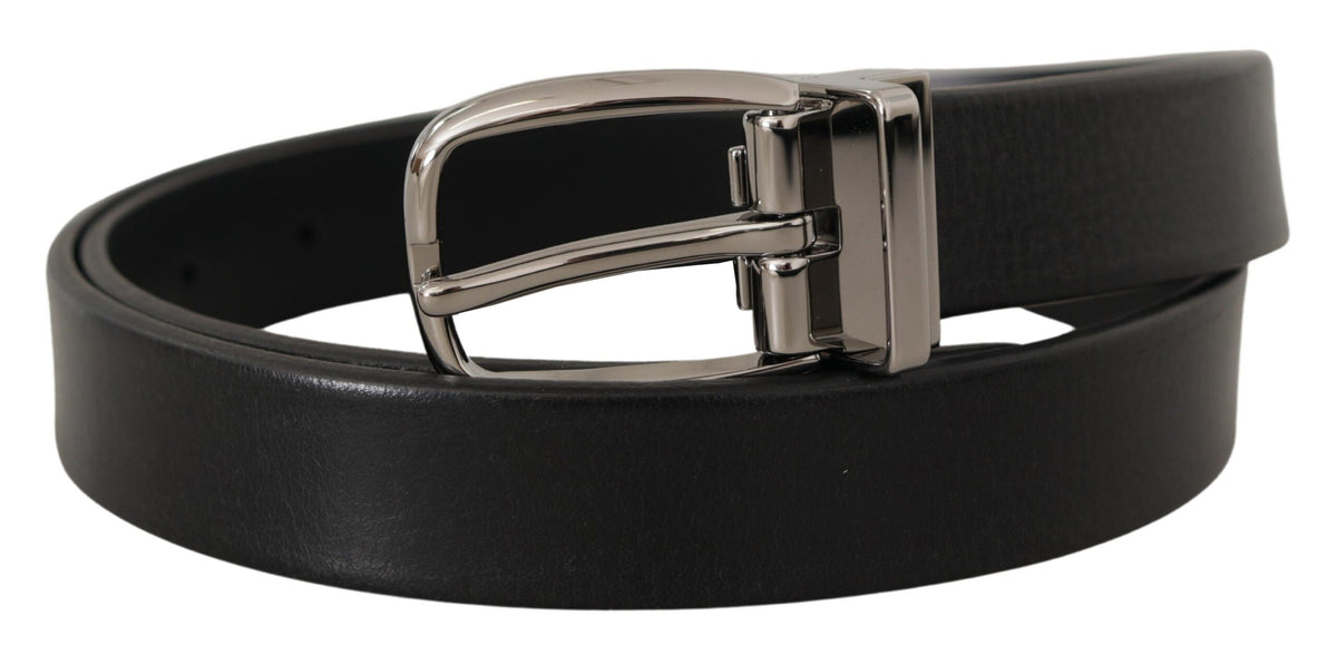 Dolce & Gabbana Black Leather Silver Chrome Metal Logo Buckle Belt schwarz