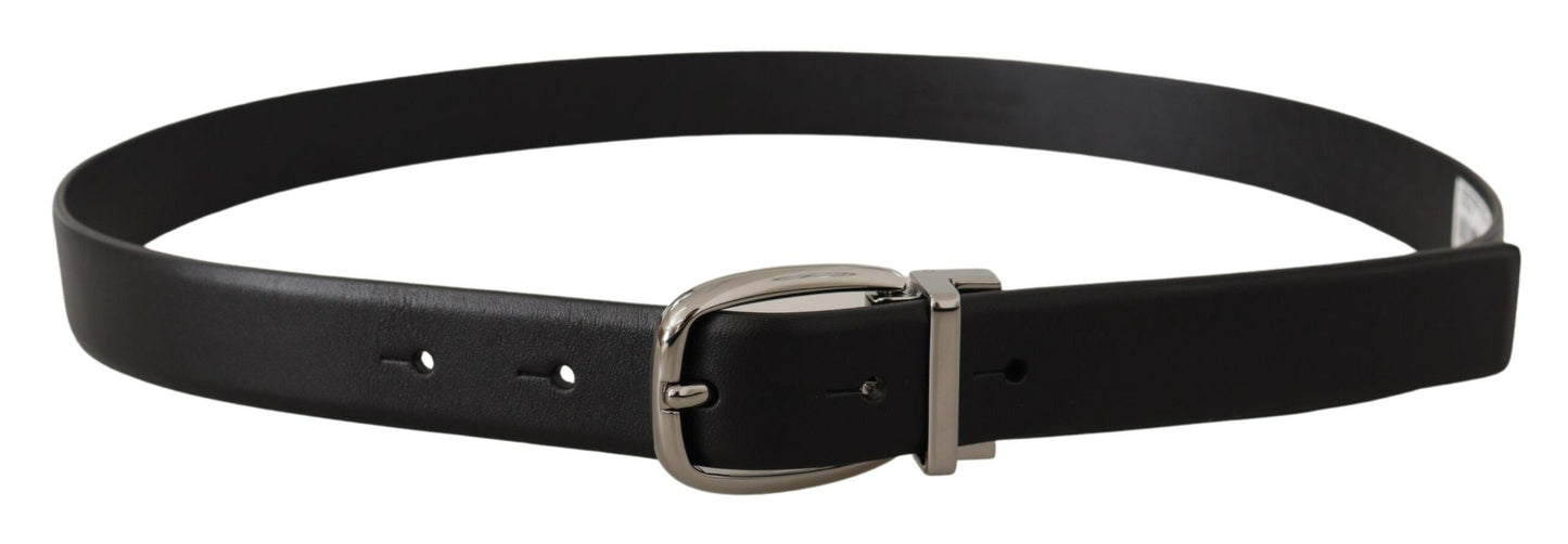 Dolce & Gabbana Black Leather Silver Metal Chrome Logo Buckle Belt schwarz