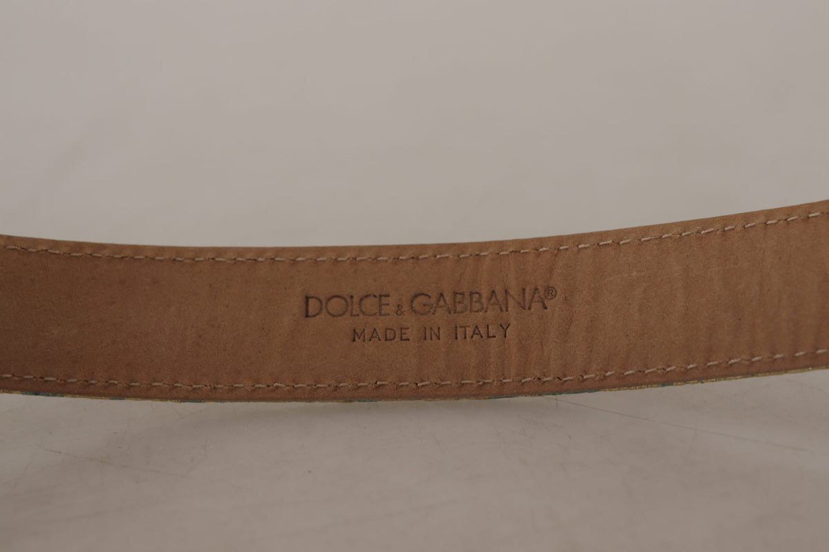 Dolce & Gabbana Blue Leather Jacquard Embossed Gold Metal Buckle Belt blau