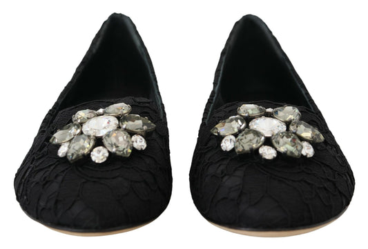 Dolce & Gabbana Black Taormina Lace Crystals Flats Shoes schwarz