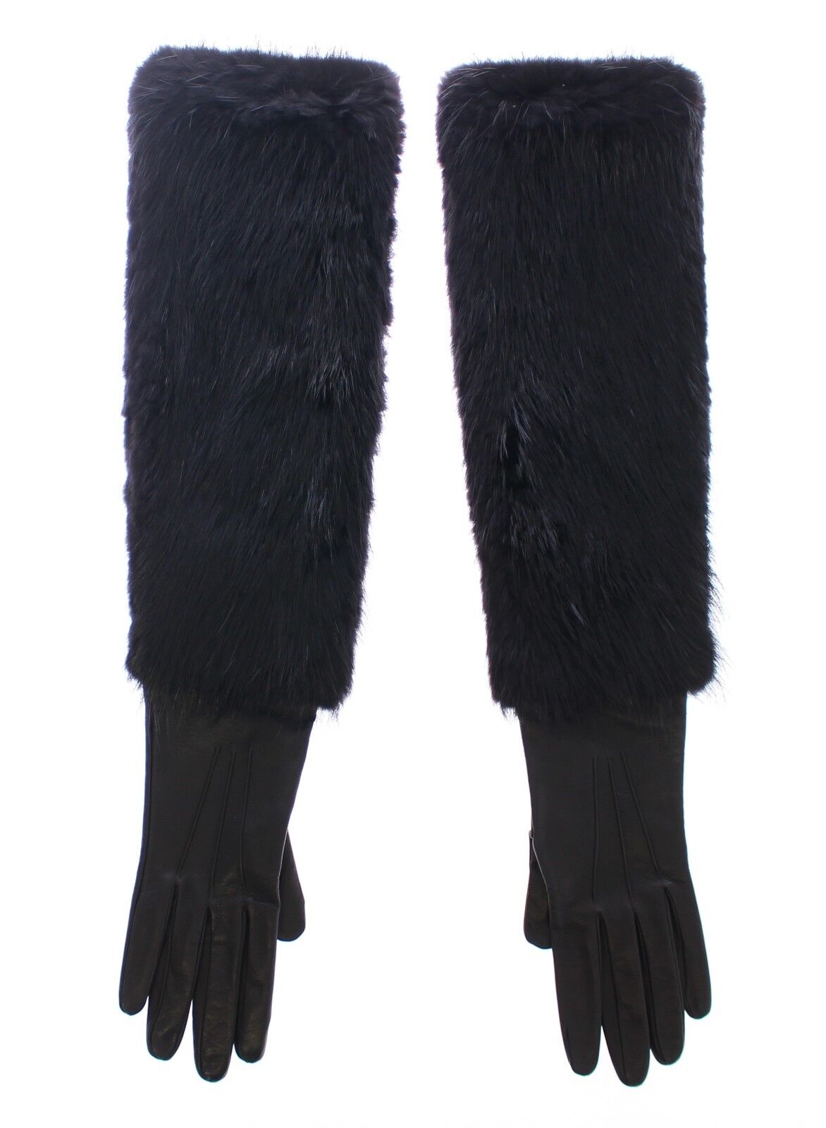 Dolce & Gabbana Black Beaver Fur Lambskin Leather Elbow Gloves schwarz